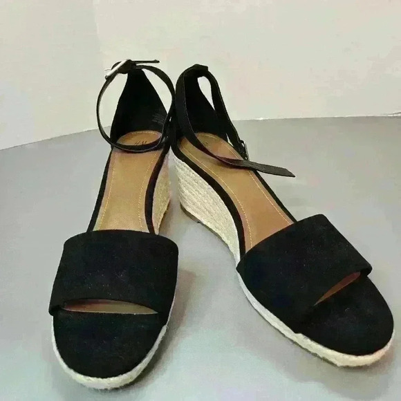 H&M Women's Wedge Heels Black Espadrilles Size 10 Ankle Strap - Picture 1 of 8